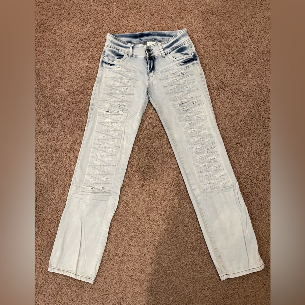 RUSTY LOPEZ Y2K Faded Low Waist Straight Leg Denim Distressed Jeans